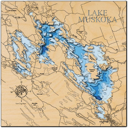 Unique wooden lake map of Lake Muskoka in Ontario, Canada, featuring intricate depth details.