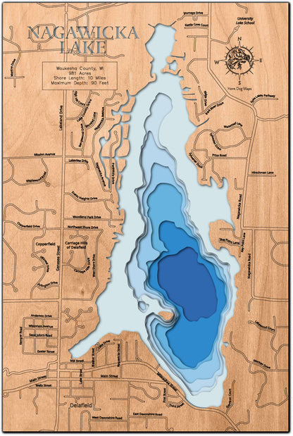 Nagawicka Lake in Waukesha County, WI 3D depth map, laser cut from high-quality wood.