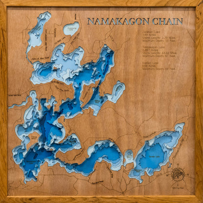 Exquisite wooden map of Namakagon Chain of Lakes in Bayfield County, WI with detailed lakebed features.