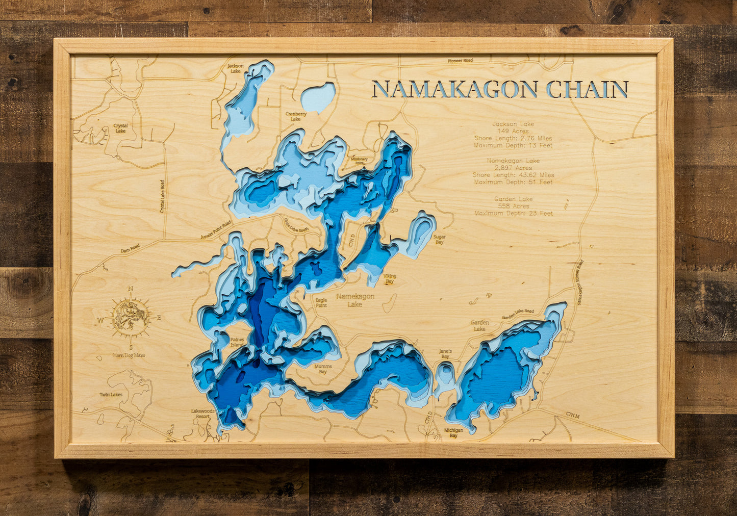 Exquisite wooden map of Namakagon Chain of Lakes in Bayfield County, WI with detailed lakebed features.