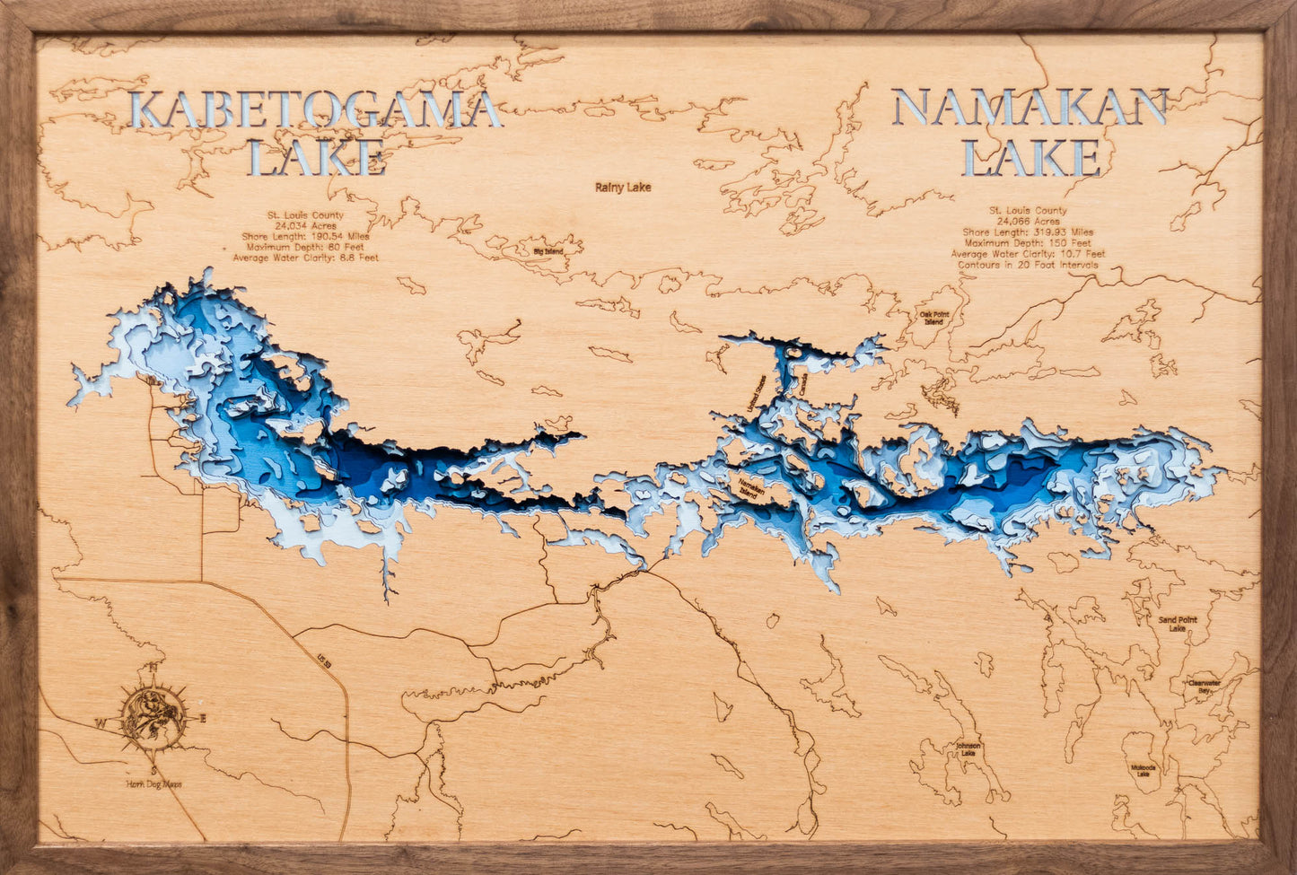 Namakan and Kabetogama Lake in St Louis County, MN 3D depth map, laser cut from high-quality wood.