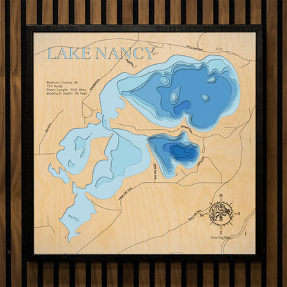 3D wooden lake map of Lake Nancy in Washburn County, WI, showcasing detailed depth layers and contours.