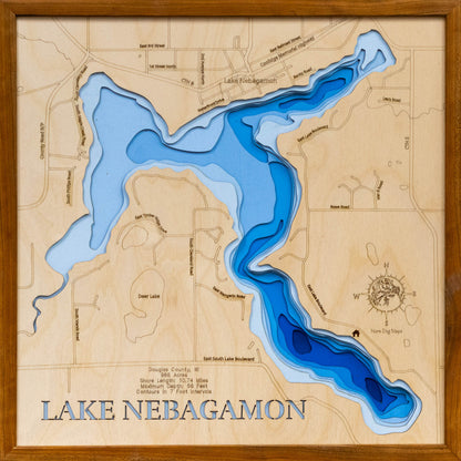 Custom wooden map of Lake Nebagamon in Douglas County, WI with layered depth highlights.