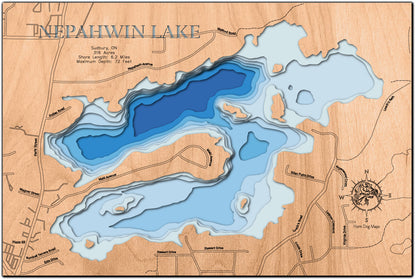 Exquisite wooden map of Nepahwin Lake in Sudbury, ON with detailed lakebed features.