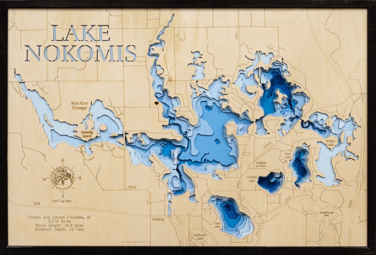 Unique wooden lake map of Lake Nokomis in Oneida and Lincoln County, WI, featuring intricate depth details.