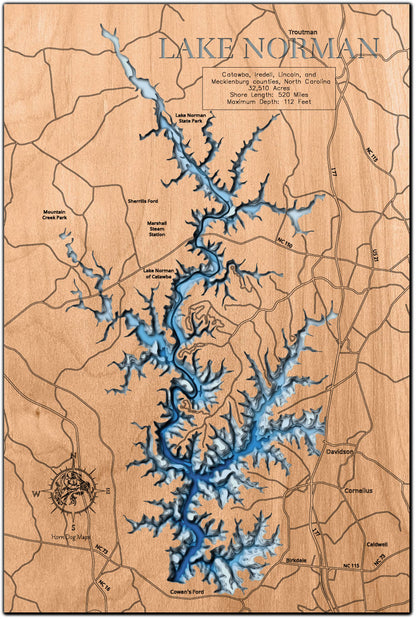 Custom wooden map of Lake Norman in Catawba, Iredell, Lincoln, Mecklenburg Counties, North Carolina with layered depth highlights.