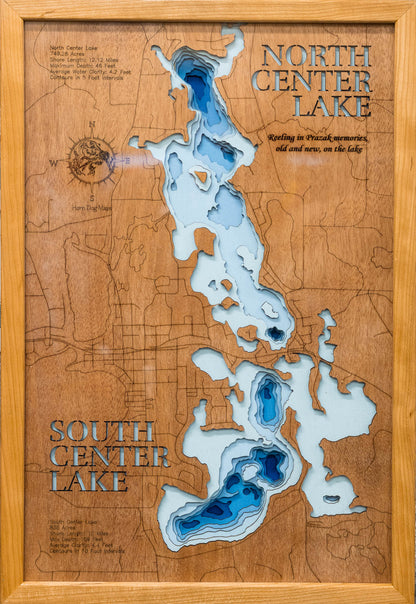 North and South Center Lake in County, MN engraved wood map, showcasing accurate topographical features.