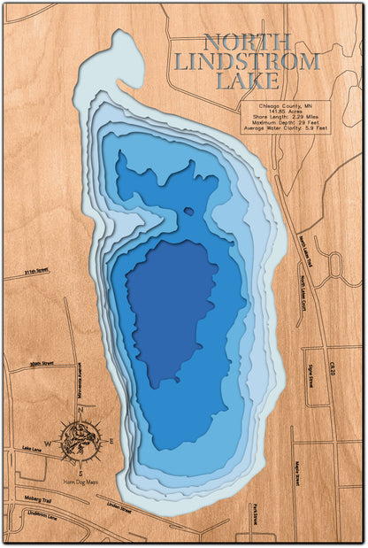 Decorative 3D wooden lake map of North Lindstrom Lake in Chisago County, MN, crafted with care.