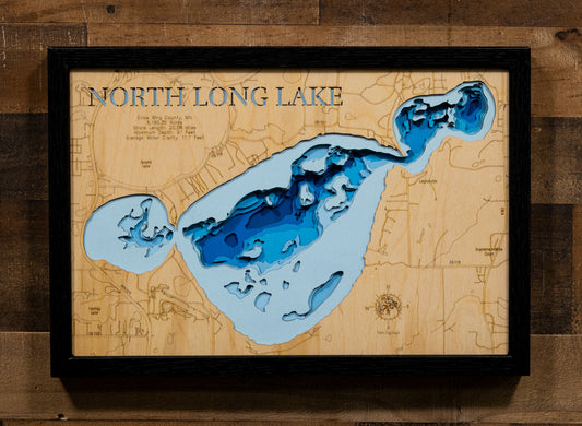 Handcrafted 3D wood map of North Long Lake in Crow Wing County, MN, ideal for lake enthusiasts.