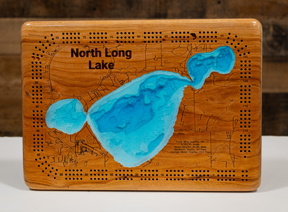 Handcrafted 3D wood map of North Long Lake in Crow Wing County, MN, ideal for lake enthusiasts.