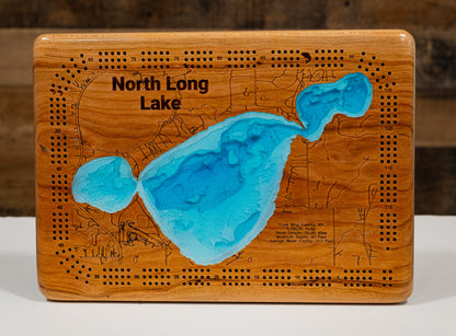 Handcrafted 3D wood map of North Long Lake in Crow Wing County, MN, ideal for lake enthusiasts.