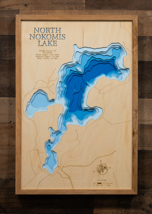 North Nokomis Lake in Oneida County, MN in stunning 3D wood map design, with detailed topography.