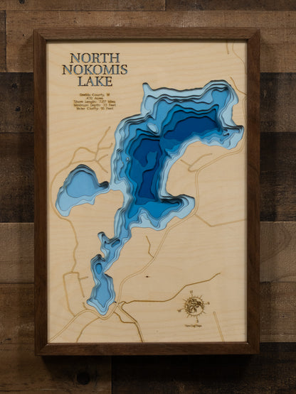 North Nokomis Lake in Oneida County, MN in stunning 3D wood map design, with detailed topography.