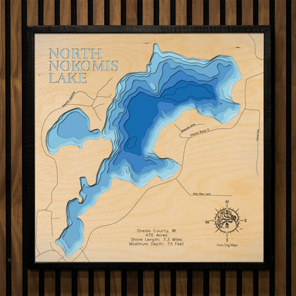 North Nokomis Lake in Oneida County, MN in stunning 3D wood map design, with detailed topography.