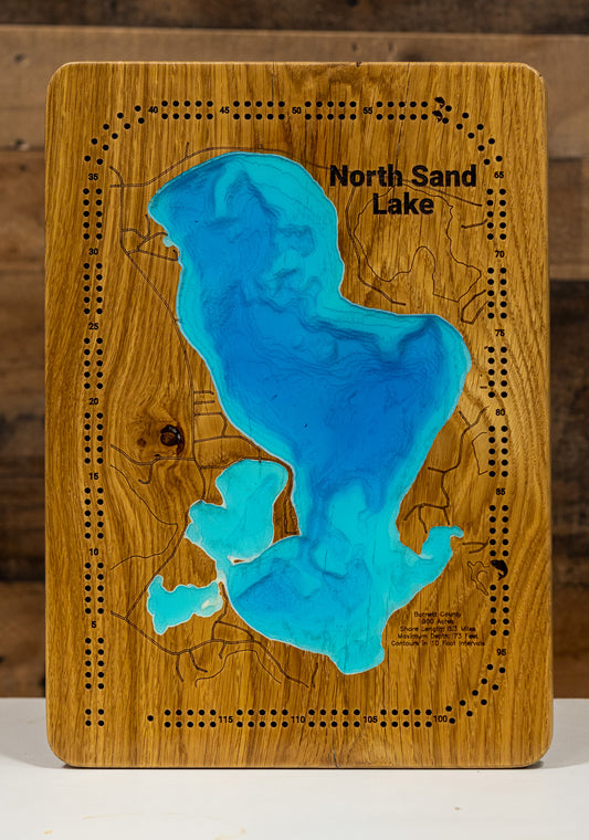 Precision-cut wooden map of Sand Lake in Burnett County, WI, perfect for unique decor.