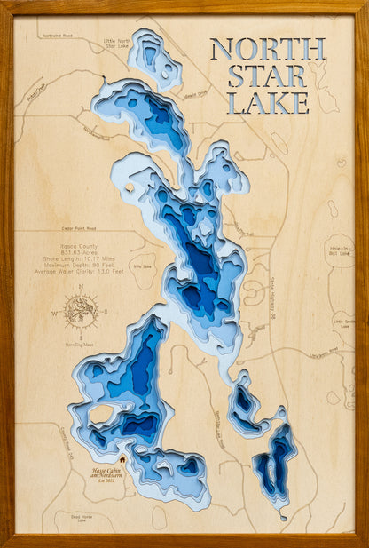 Artisanally carved wooden lake map of North Star Lake in Itasca County, MN, highlighting bathymetry.