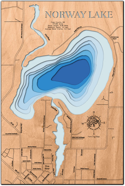 Laser-engraved relief map of Norway Lake in Cass County, MN, crafted from wood with high precision.