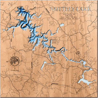 Handcrafted 3D wood map of Nottely Lake in Union County, GA, ideal for lake enthusiasts.