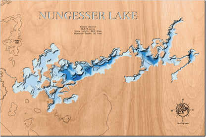 Precision-cut wooden map of Nungesser Lake in Kenora District, Ontario, perfect for unique decor.