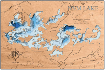 Handcrafted 3D wood map of Nym Lake Rainy River District, Ontario Canada, ideal for lake enthusiasts.