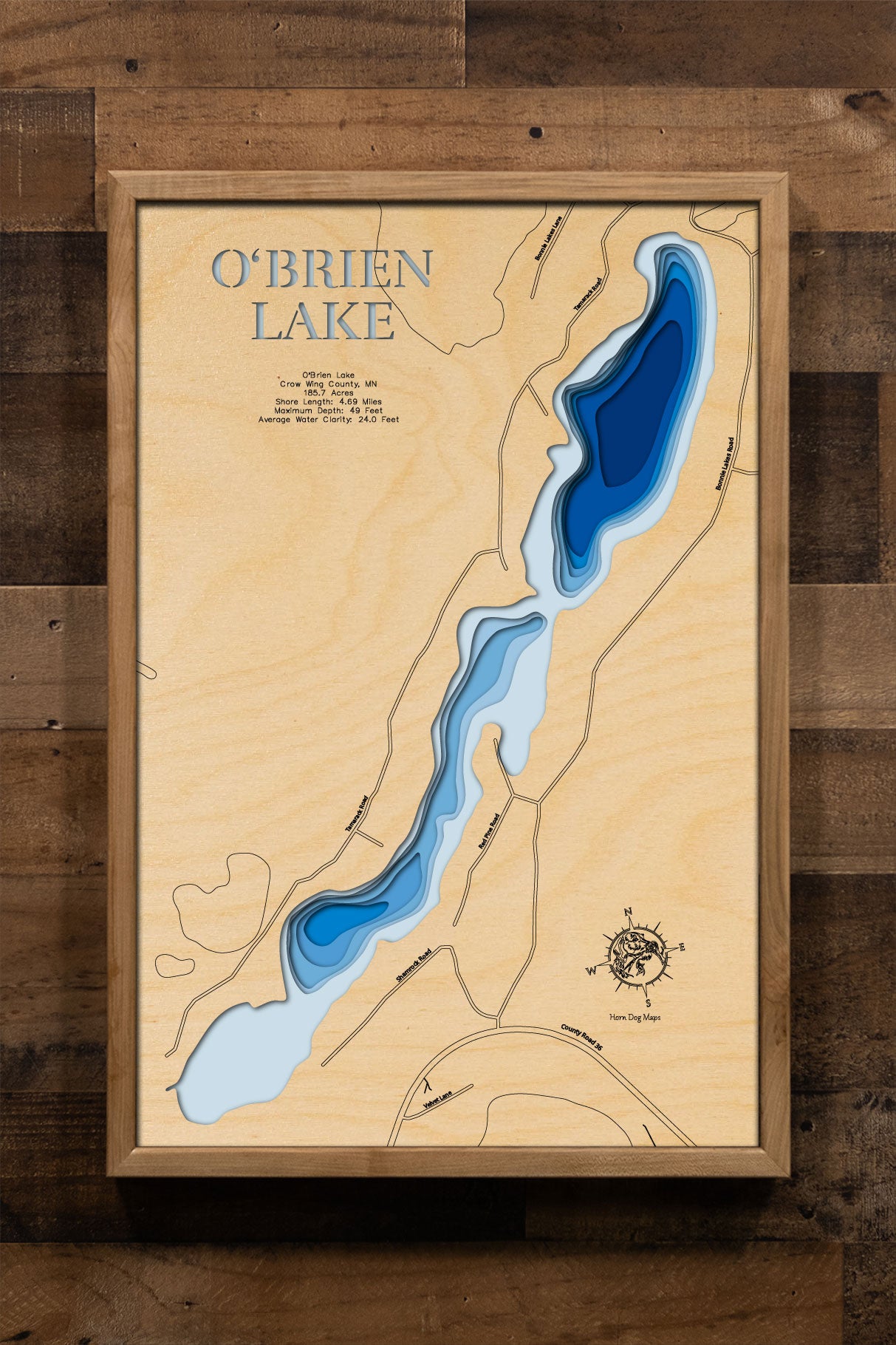 A laser-cut, layered wooden map of O'Brien Lake in Crow Wing County, Minnesota. The shape of the lake, with its 4.69-mile shoreline, is visible within the central Minnesota landscape. The varying depths of the lake, reaching a maximum of 49 feet and detailed by 4-foot contour intervals, are represented by different layers of wood, illustrating its underwater topography.