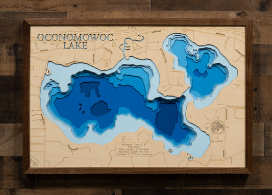 Oconomowoc Lake in Waukesha County, WI custom 3D wood map, perfect for home decor and gifts.