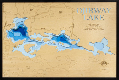 Unique wooden lake map of Ojibway Lake in Lake County, MN, featuring intricate depth details.