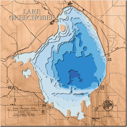 Decorative 3D wooden lake map of Lake Okeechobee in Glades, Okeechobee, Martin, Palm Beach, and Hendry Counties, FL, crafted with care.