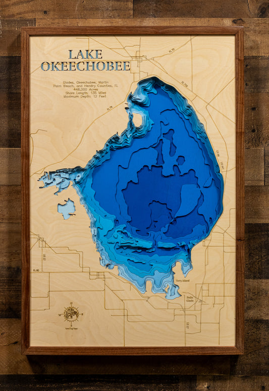 Lake Okeechobee, the largest freshwater lake in Florida and the second-largest natural freshwater lake entirely within the contiguous 48 states, spans across Glades, Hendry, Martin, Okeechobee, and Palm Beach Counties. Covering