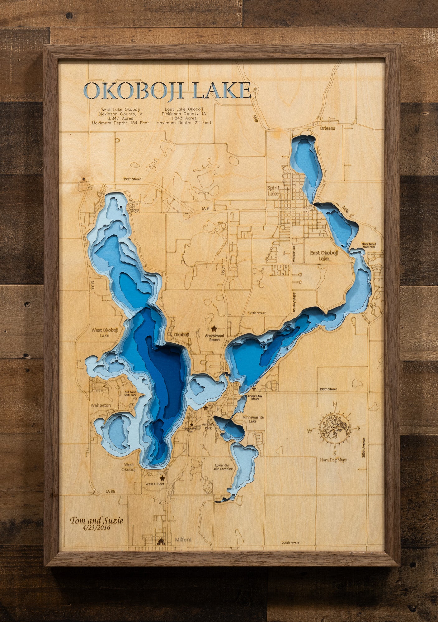 East and West Okoboji Lakes in Dickinson County, IA custom 3D wood map, perfect for home decor and gifts.
