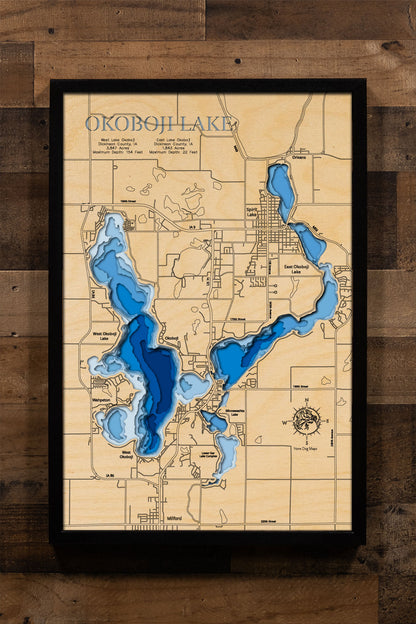 East and West Okoboji Lakes in Dickinson County, IA custom 3D wood map, perfect for home decor and gifts.