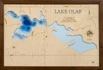 Laser-engraved relief map of West Lake Olaf in Otter Tail County, MN, crafted from wood with high precision.