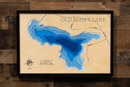 Artisanally carved wooden lake map of Old Man's Lake in Parry Sound District, Ontario Canada, highlighting bathymetry.