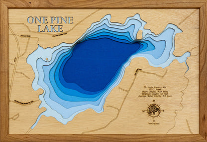 Artisanally carved wooden lake map of One Pine Lake in St. Louis County, MN, highlighting bathymetry.