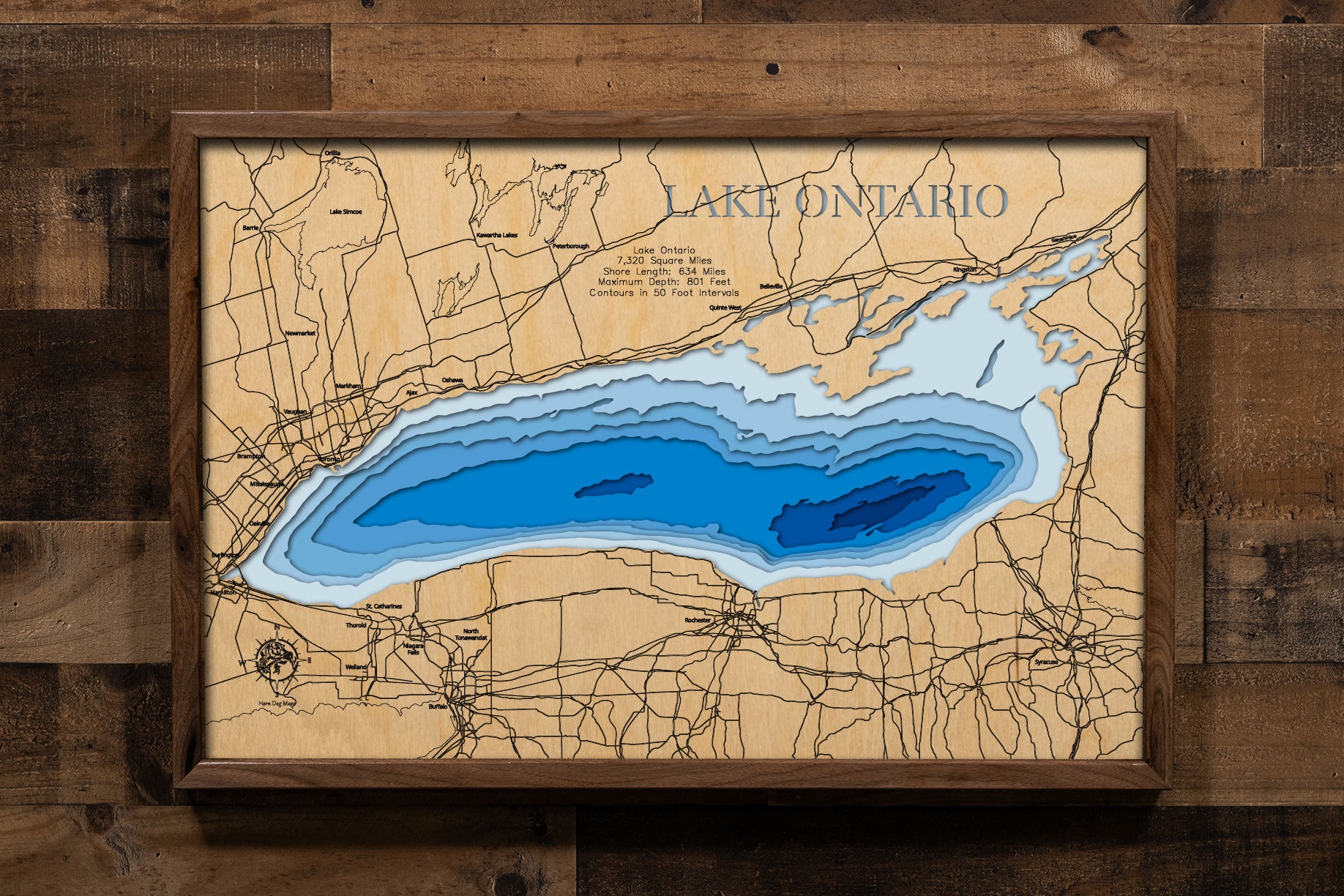 High-definition wooden relief map of Lake Ontario, handmade for durability.