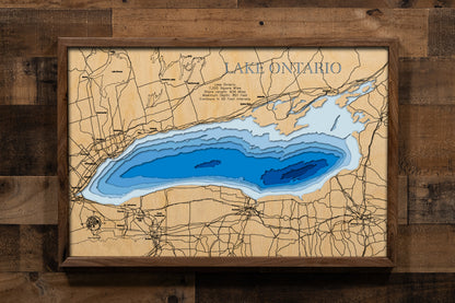 High-definition wooden relief map of Lake Ontario, handmade for durability.