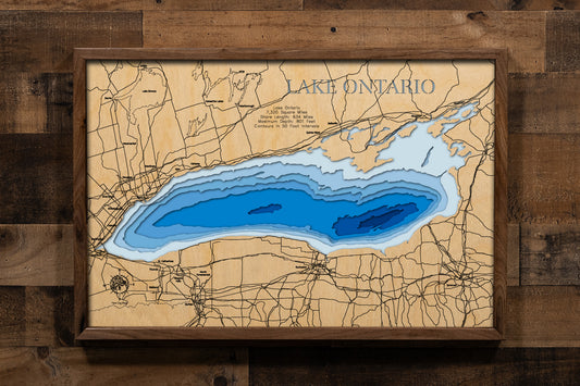 High-definition wooden relief map of Lake Ontario, handmade for durability.