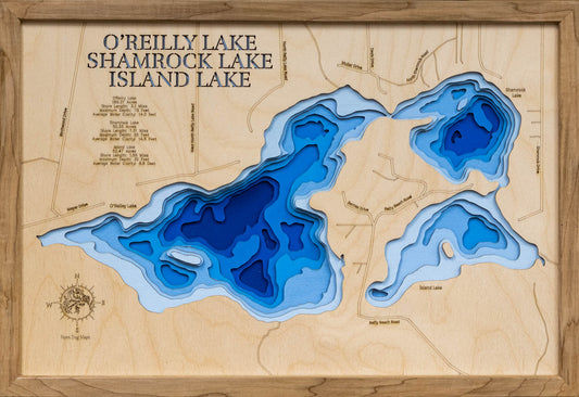 Unique wooden lake map of O'Reilly, Shamrock, and Island Lakes in Itasca County, MN, featuring intricate depth details.