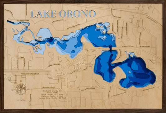 Exquisite wooden map of Lake Orono in Sherburne County, MN with detailed lakebed features.