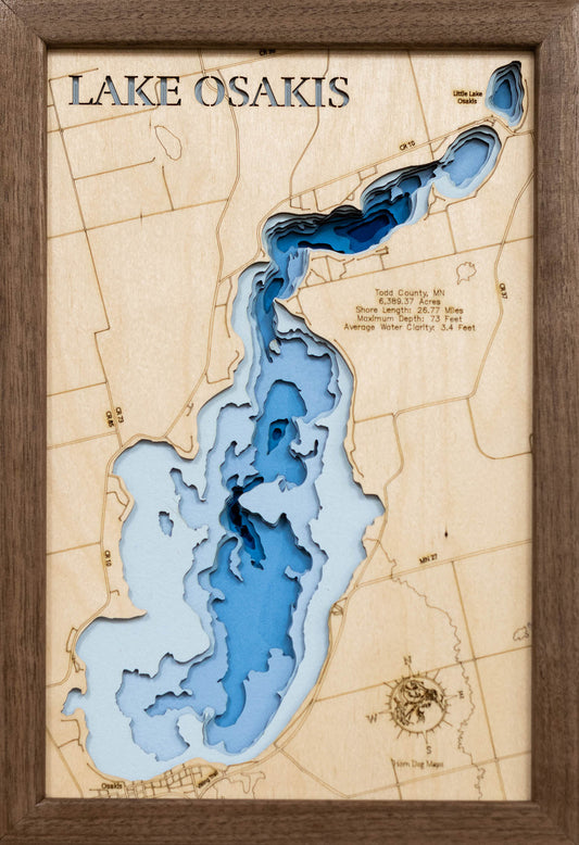 Exquisite wooden map of Laser Cut Maps of Lake Osakis in Todd County, MN with detailed lakebed features.