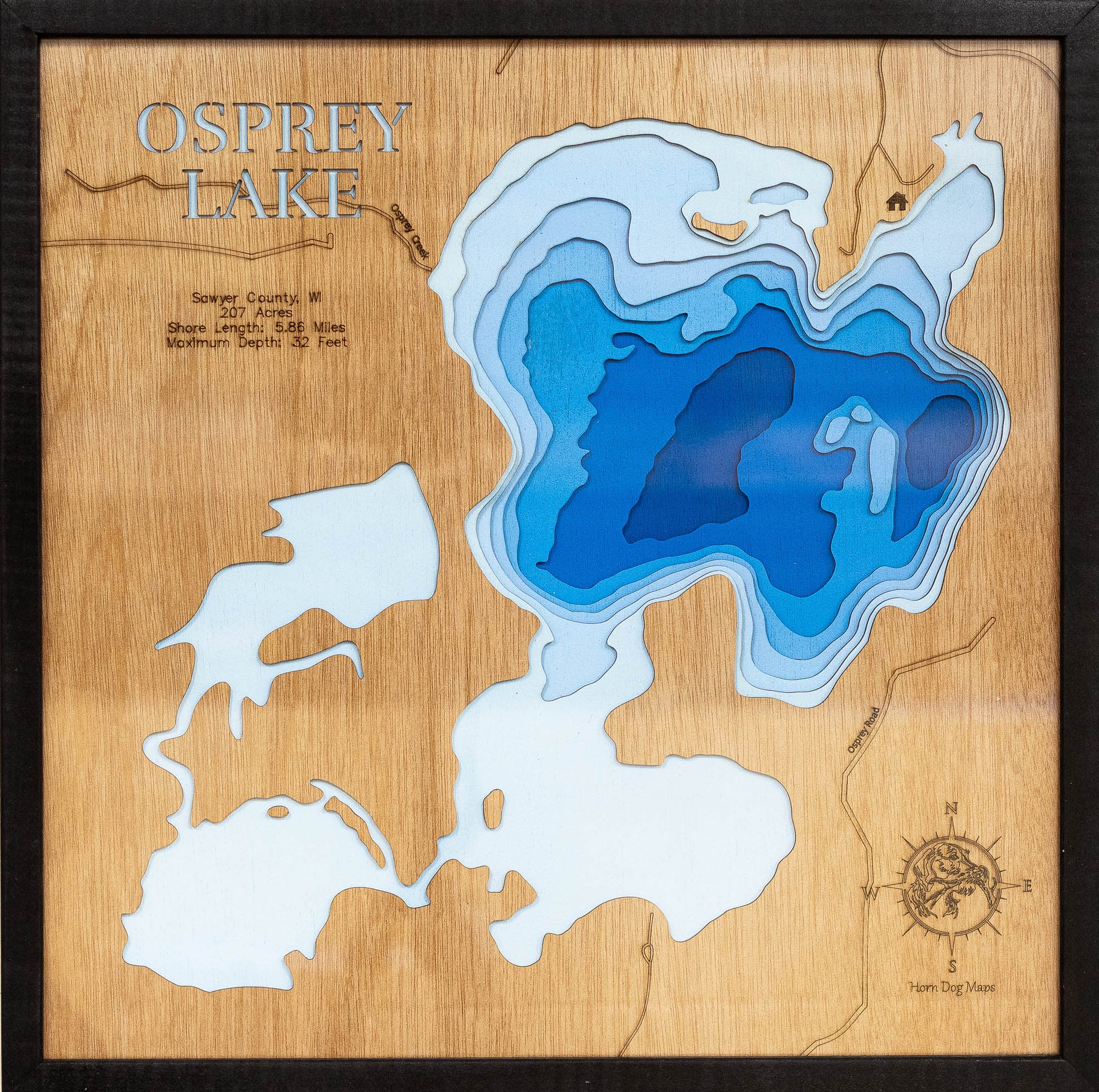 Detailed wooden relief map of Osprey Lake in Sawyer County, WI, showcasing its natural beauty.