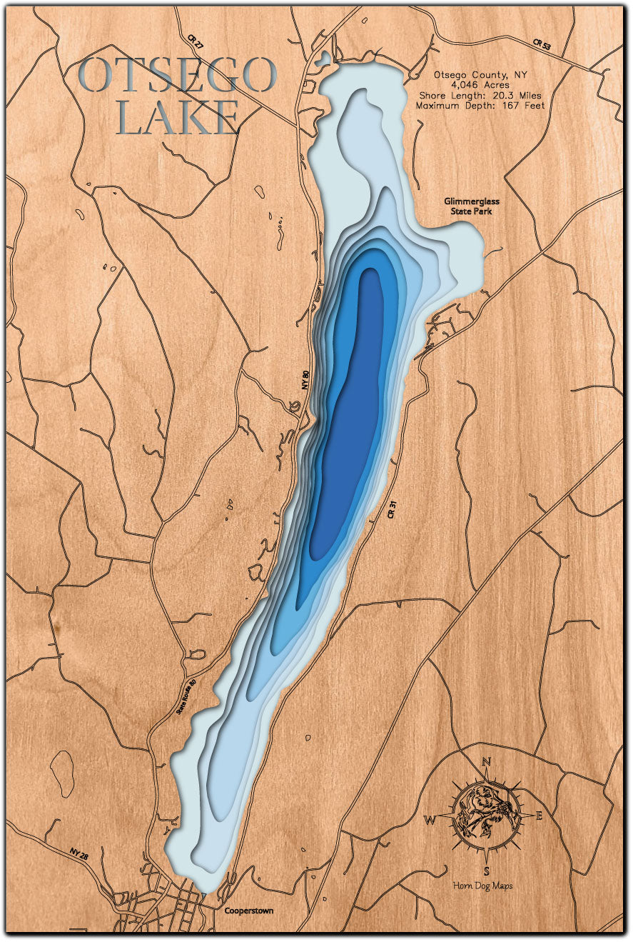 Artisanally carved wooden lake map of Otsego Lake in Otsego County, NY, highlighting bathymetry.