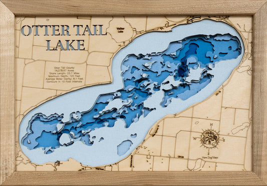 Decorative 3D wooden lake map of 3d Depth map of Otter Tail Lake in Otter Tail County, Minnesota , crafted with care.