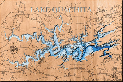 High-definition wooden relief map of Lake Ouachita in Graland and Montgomery Counties, AR, handmade for durability.