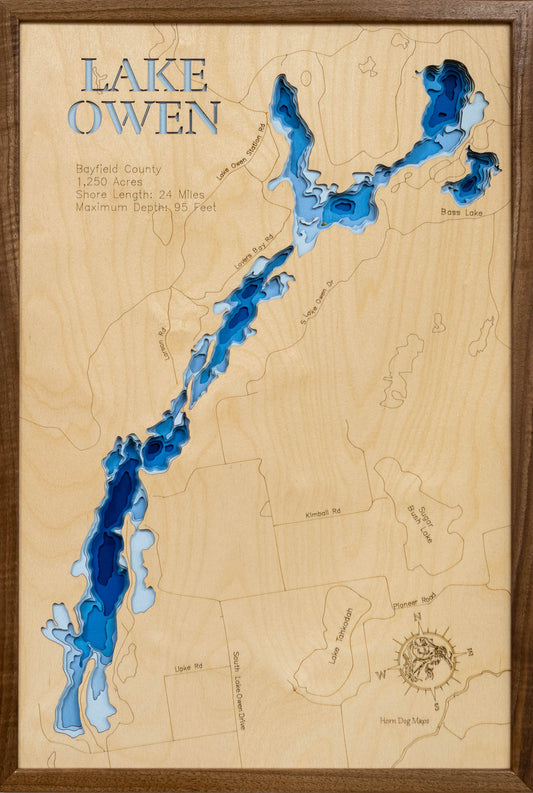 Lake Owen in Bayfield County, WI in stunning 3D wood map design, with detailed topography.