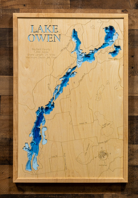 Lake Owen in Bayfield County, WI in stunning 3D wood map design, with detailed topography.