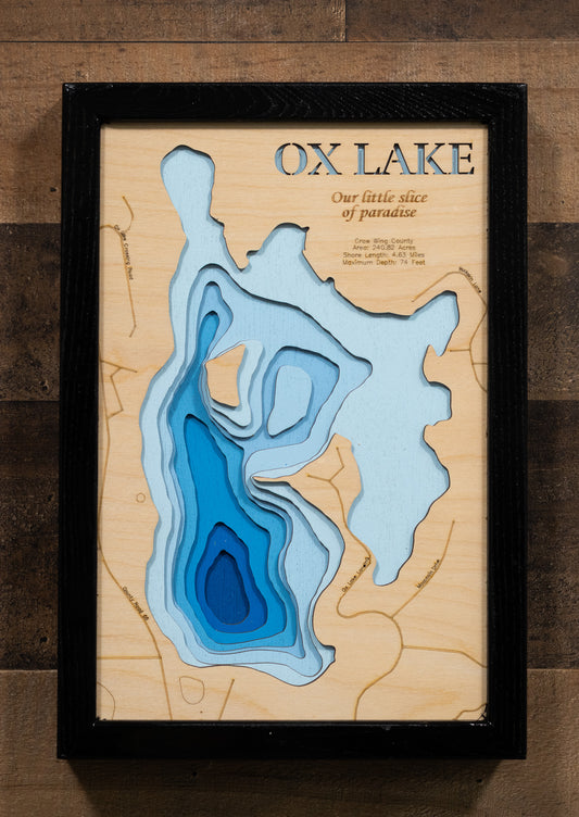 3D wooden lake map of Ox Lake in Crow Wing County, MN, showcasing detailed depth layers and contours.