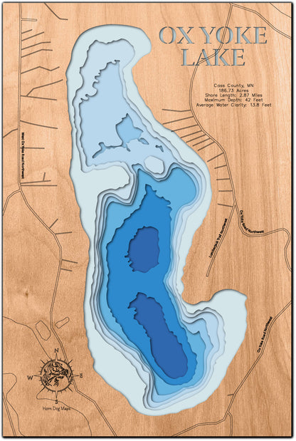 Precision-cut wooden map of Ox Yoke Lake in Cass County, MN, perfect for unique decor.