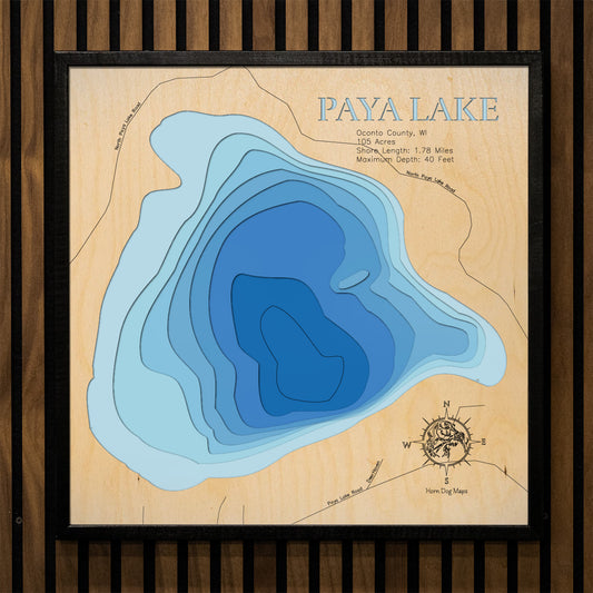 3D wooden lake map of Paya Lake in Oconto County, WI, showcasing detailed depth layers and contours.