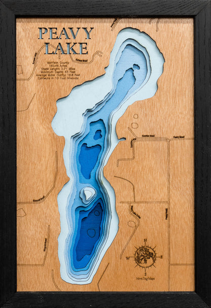 Handcrafted 3D wood map of 3D Wooden Lake Map of Peavy Lake in Morrison County, Minnesota, ideal for lake enthusiasts.